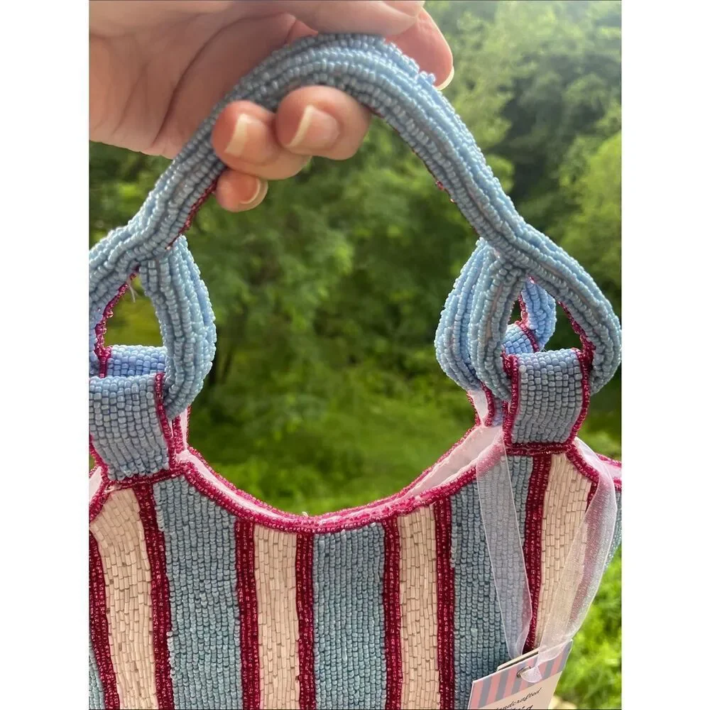 Viral Beaded Bag - Handcrafted Beaded Stripe Mini Tote - Blue, Cream & Red